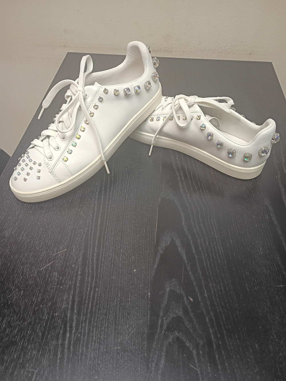Stuart Weitzman White Crystal-Studded Lace-Up Sneakers